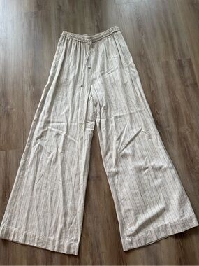 Max Studio Cream Pinstripe Wide Leg Drawstring Pants